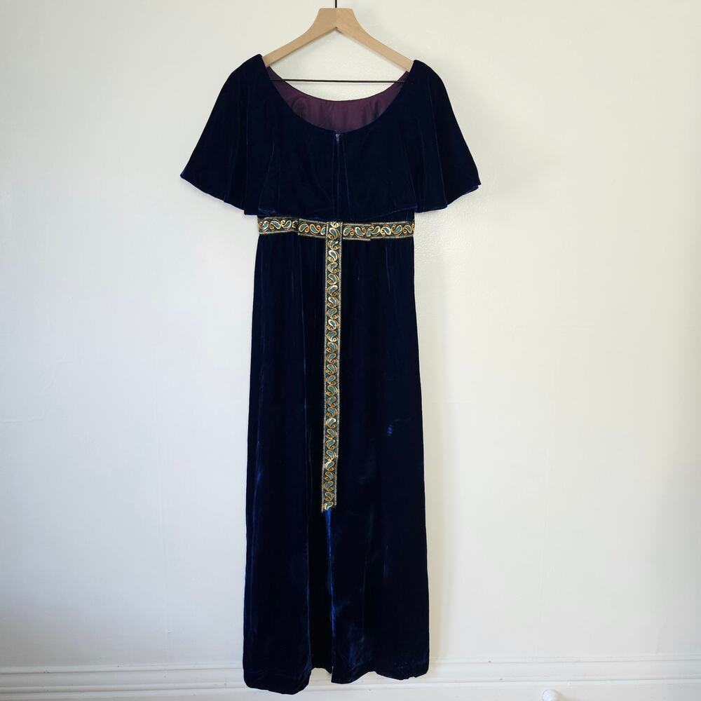 Vintage 60s 70s Blue Velvet Cape Sleeve Maxi Dress Ribbon Back Sz 7 2/4 Costume - Picture 6 of 10